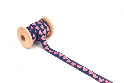 Webband Herzen dunkelblau/rosa Glitzer (1 m)